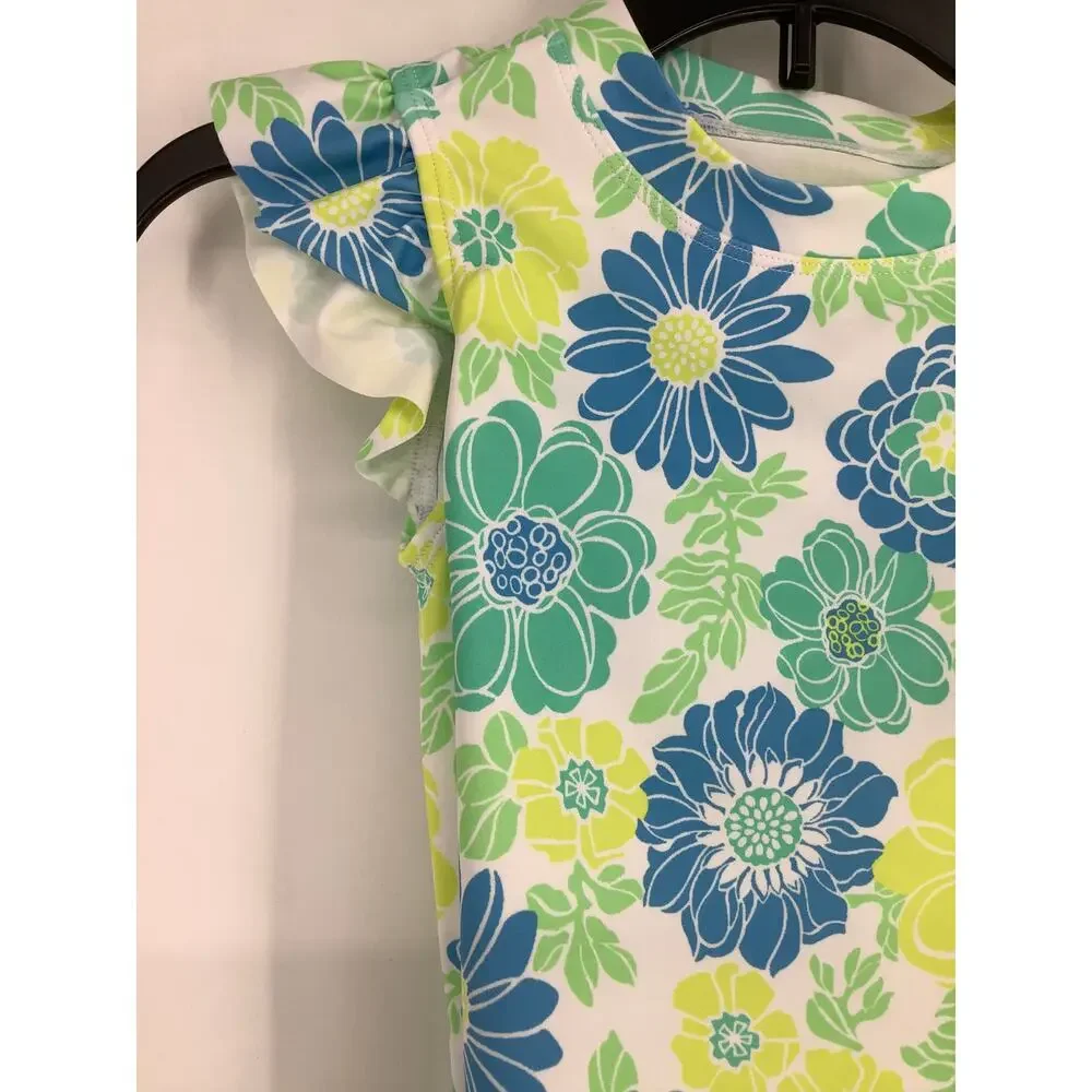 Janie and Jack Girl's 6 Bright Green Floral Ruffle Rashguard Swimsuit Set K17-2